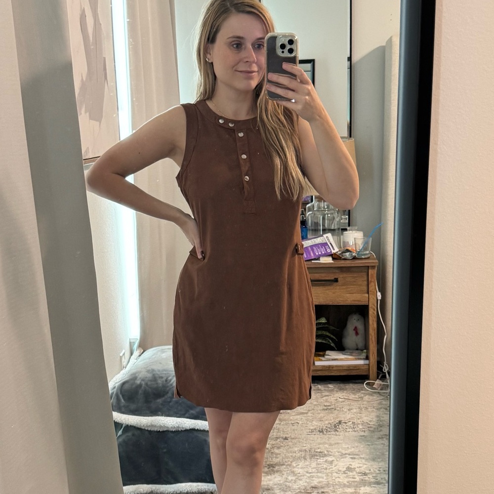 State Sleeveless Brown Faux Suede Henley Dress - Picture 3 of 10